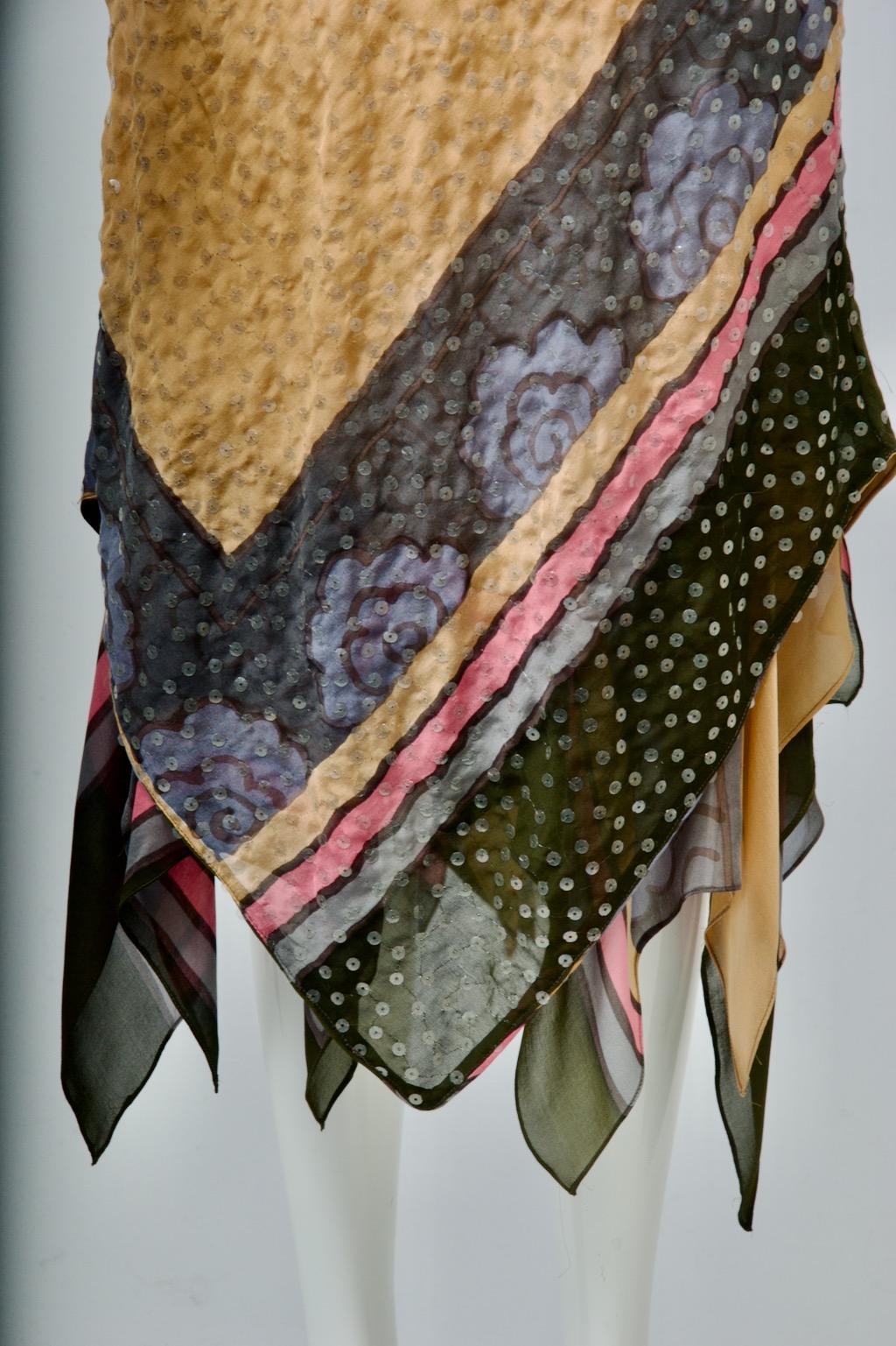 Brown Judy Hornby Multicolor Silk Dress with Handkerchief Hem For Sale