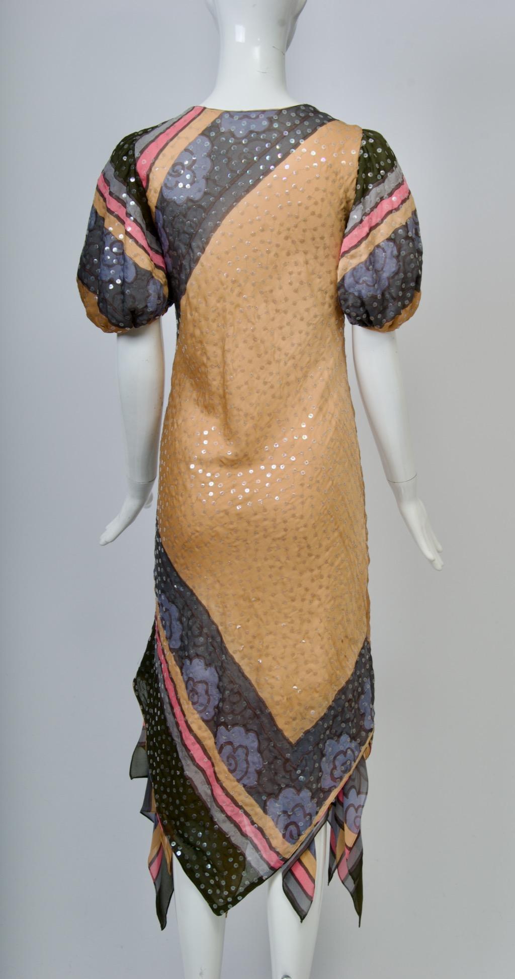Women's Judy Hornby Multicolor Silk Dress with Handkerchief Hem For Sale
