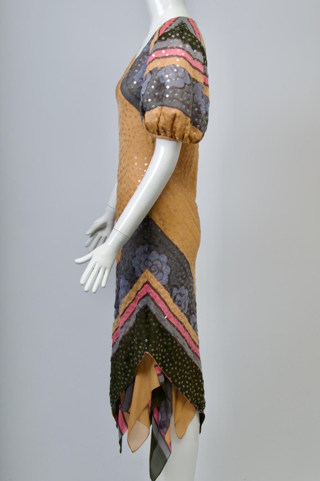 Judy Hornby Multicolor Silk Dress with Handkerchief Hem For Sale 1