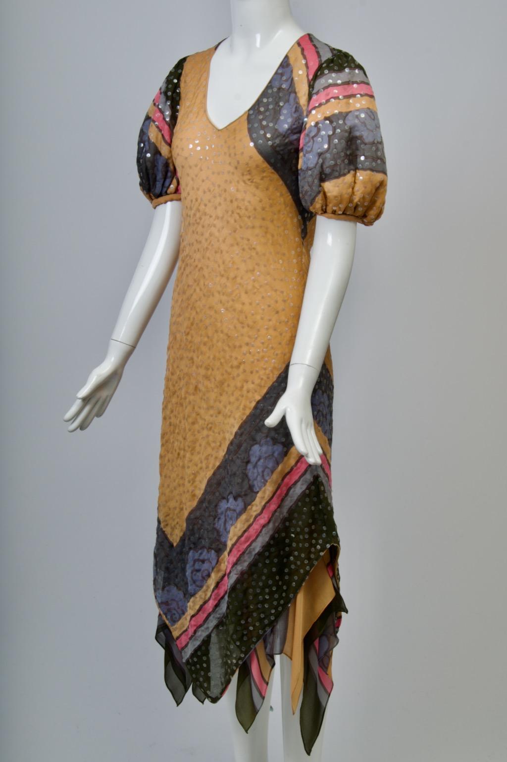 Judy Hornby Multicolor Silk Dress with Handkerchief Hem For Sale 3