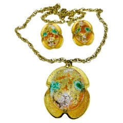 JUDY LEE signed vintage gold tone art glass cabochons designer necklace earrings