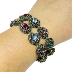 JUDY LEE signed vintage gold tone colorful jewel rhinestone designer bracelet