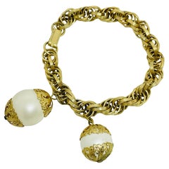 JUDY LEE vintage gold tone dangle faux pearls chain designer bracelet
