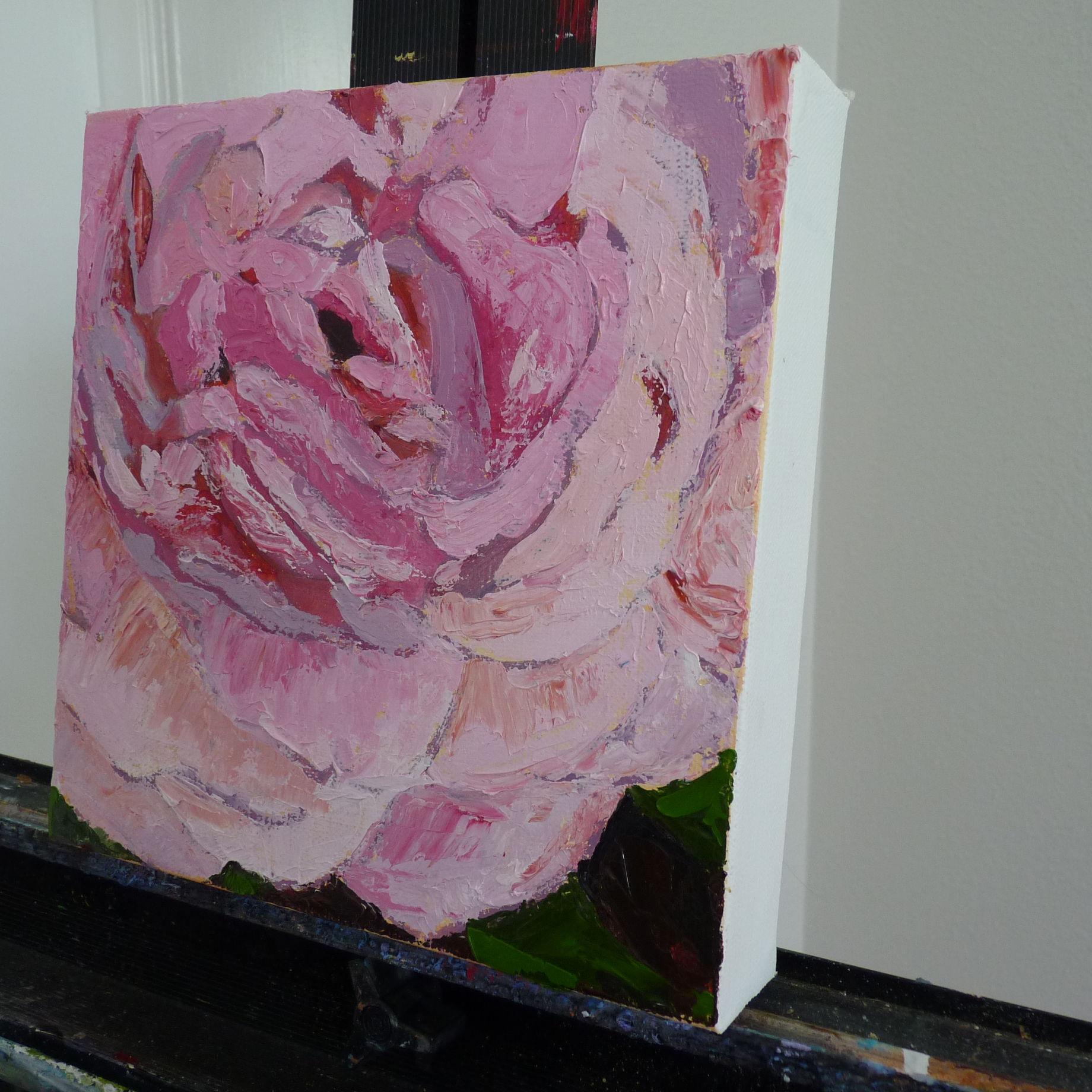 Pink Rose, Oil Painting - Brown Still-Life Painting by Judy Mackey