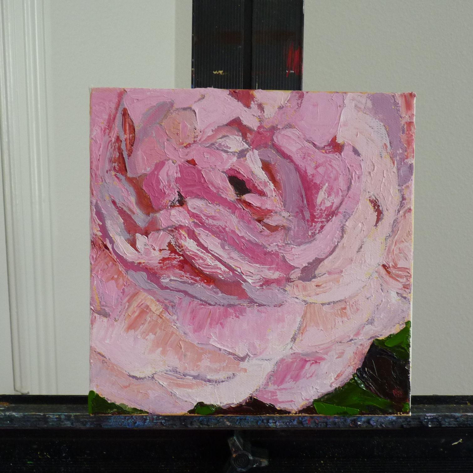 <p>Artist Comments<br />Inspired by her garden, artist Judy Mackey photographed a pink rose and painted it up close. She used a palette knife to apply thick, textured strokes. The result is a painterly, almost abstract depiction of the