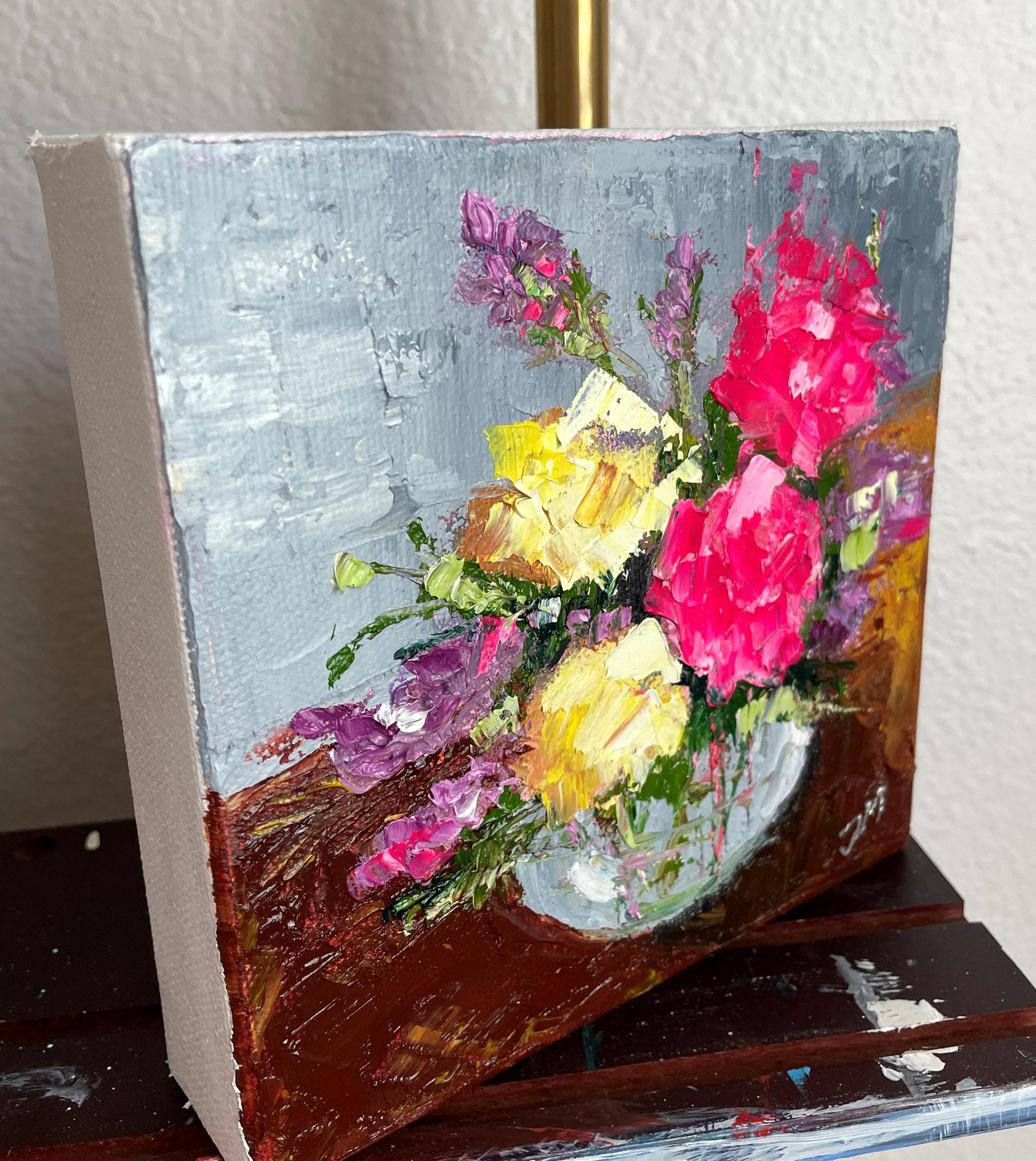 <p>Artist Comments<br>Artist Judy Mackey paints a still life of colorful flowers in a vase. â€œThe reference photo is of a floral arrangement I received for my birthday, hence the title,