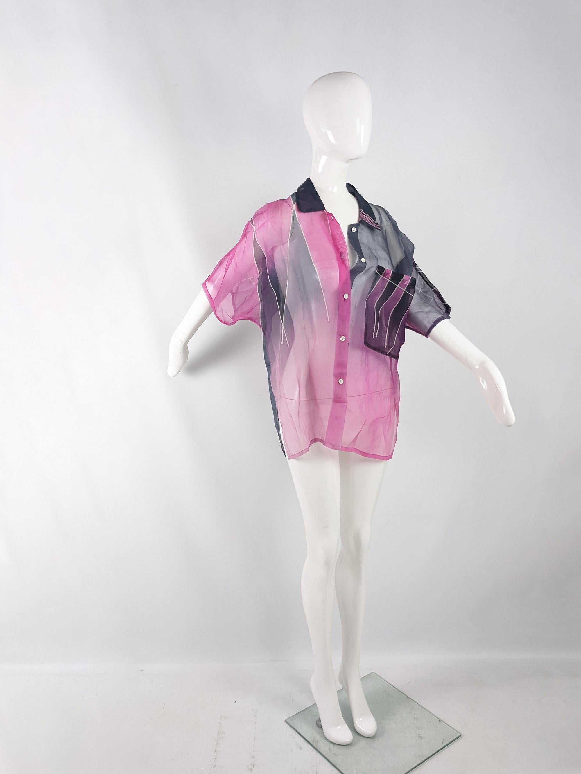 Purple Judy Meyers Hand Painted Silk Vintage Abstract Print Organza Blouse, 1980s For Sale