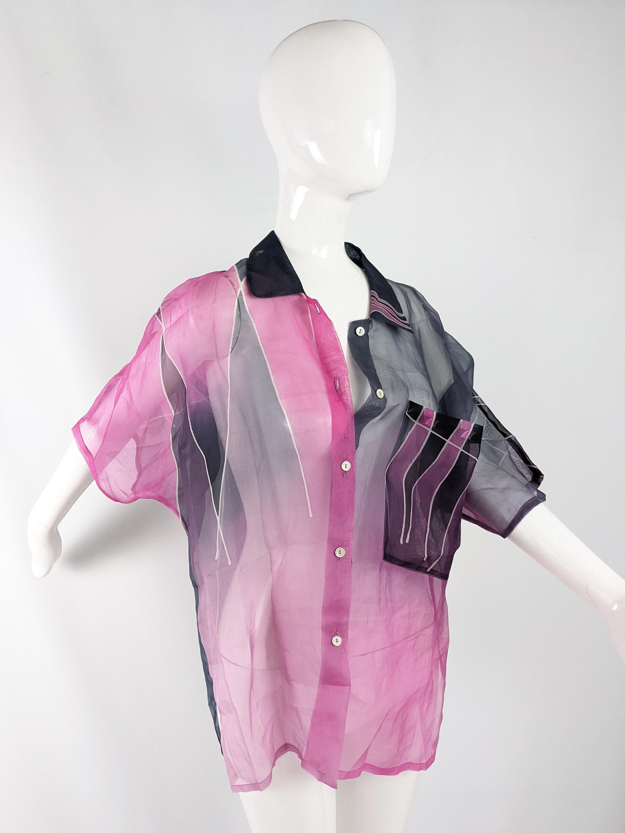 Judy Meyers Hand Painted Silk Vintage Abstract Print Organza Blouse, 1980s In Good Condition For Sale In Doncaster, South Yorkshire