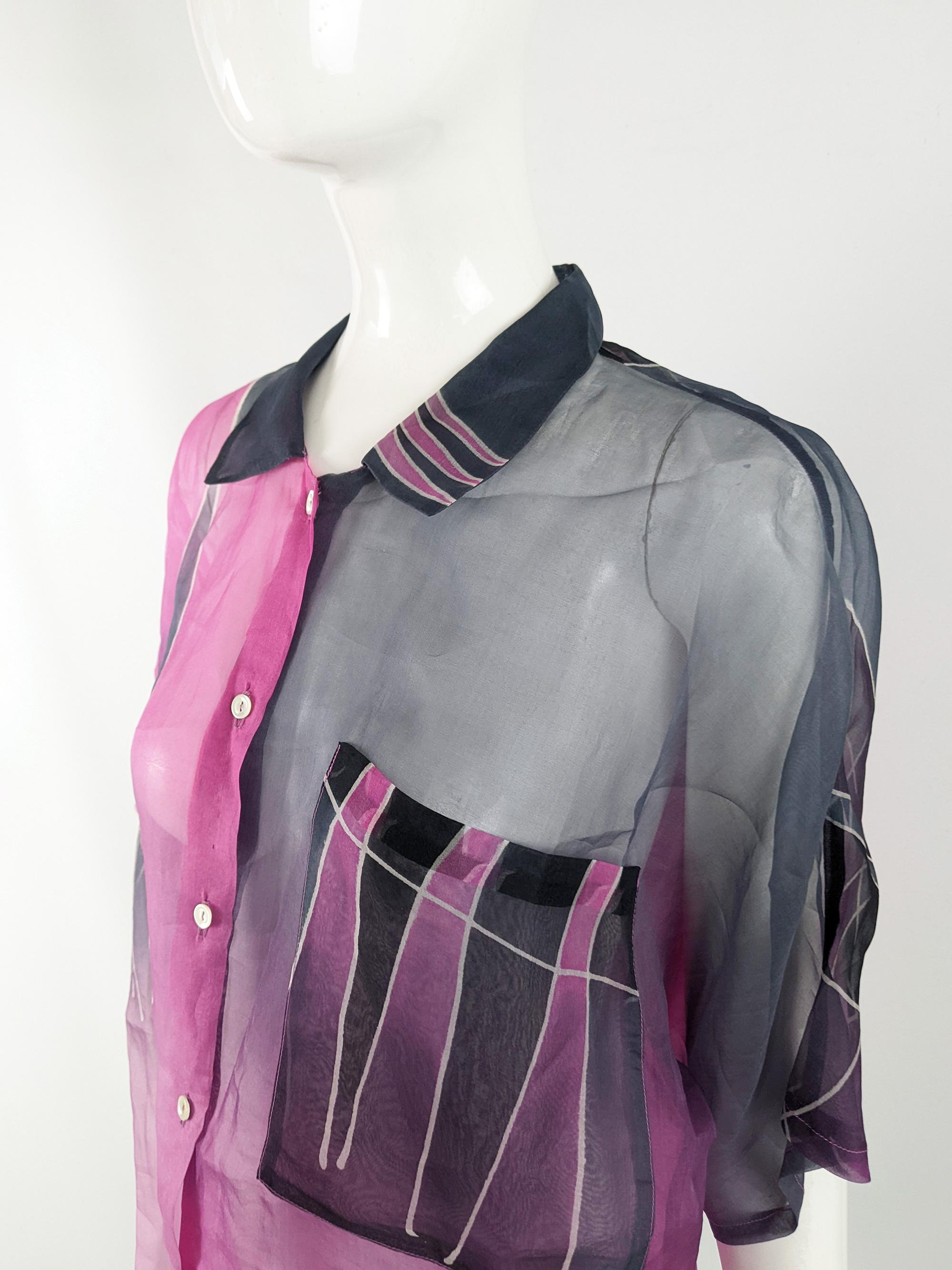 Judy Meyers Hand Painted Silk Vintage Abstract Print Organza Blouse, 1980s For Sale 1