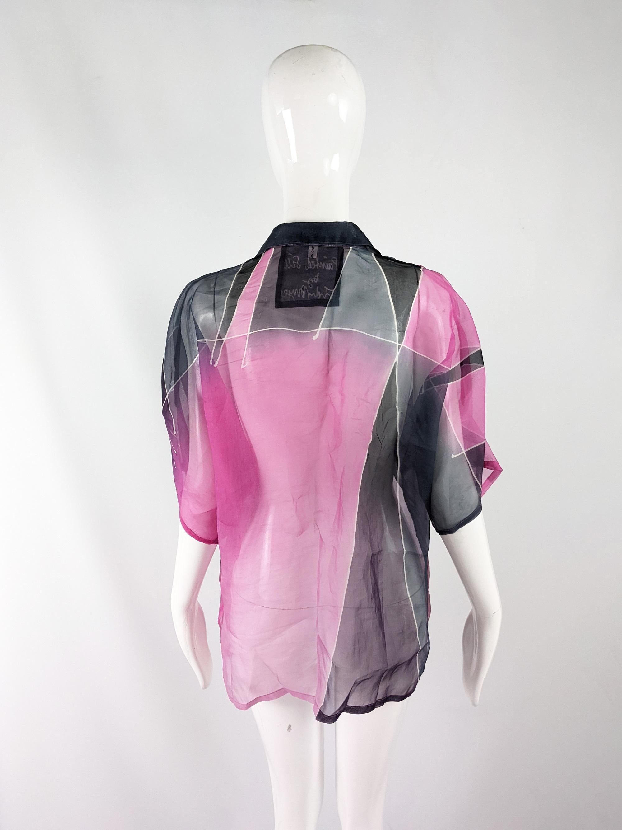 Judy Meyers Hand Painted Silk Vintage Abstract Print Organza Blouse, 1980s For Sale 2