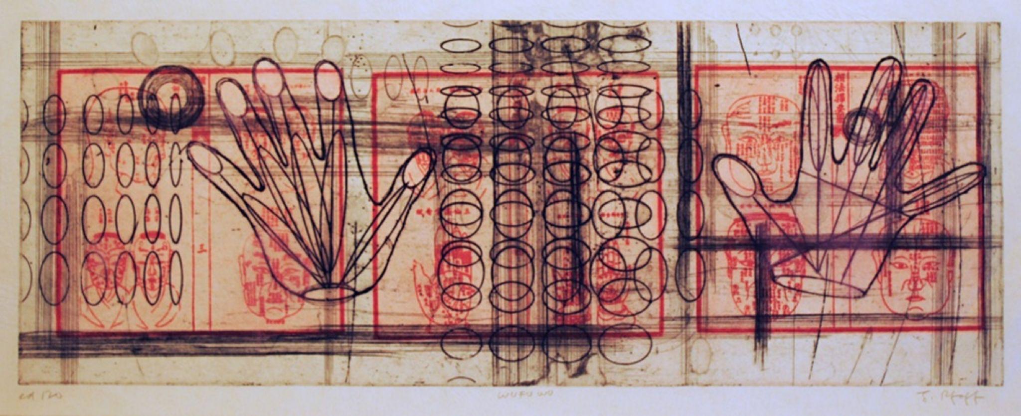 Wufu Wu, The Five Chinese Blessings Etching on Japanese Kozo paper Signed Framed (Abstrakt), Print, von Judy Pfaff