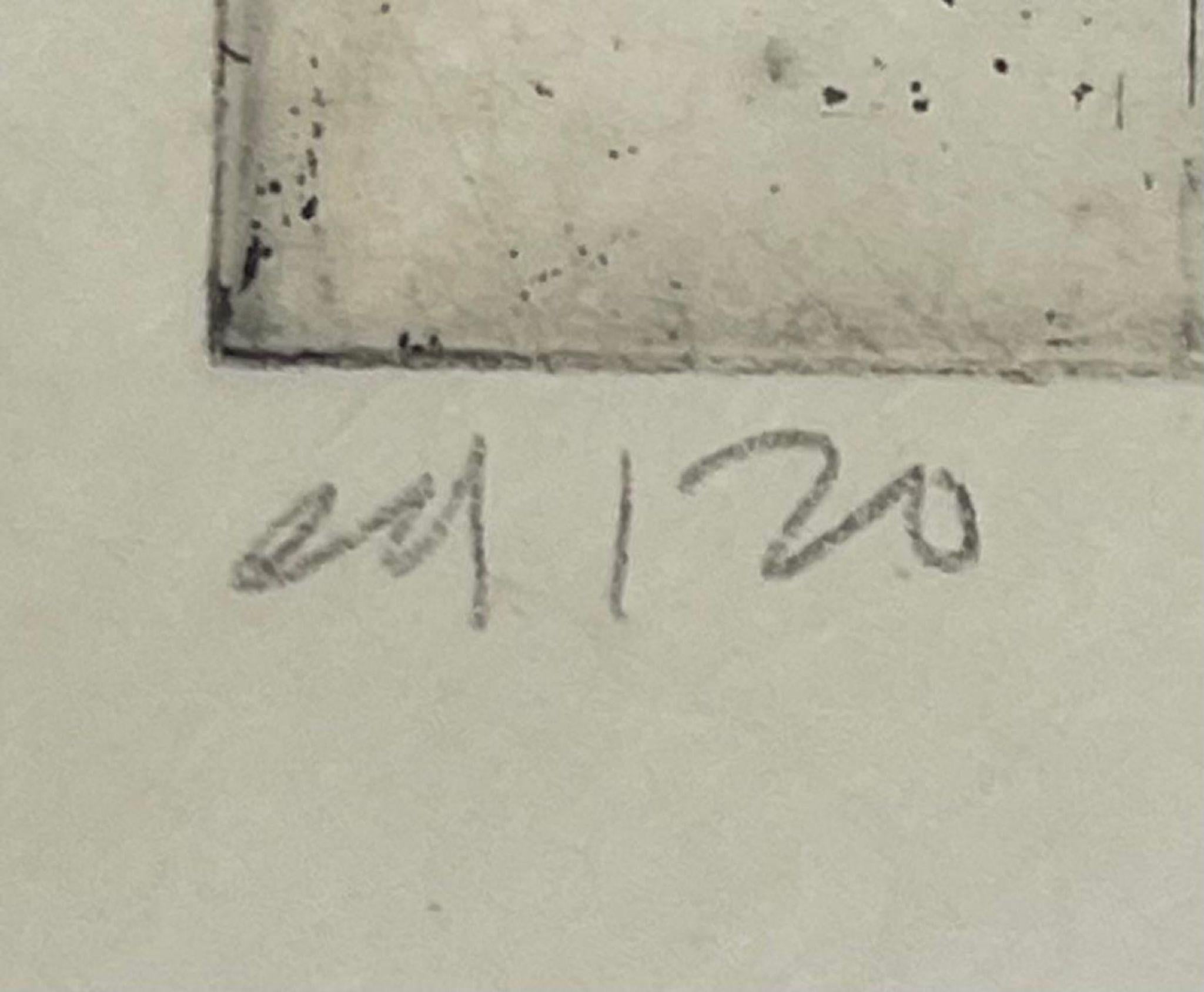 Wufu Wu, The Five Chinese Blessings Etching on Japanese Kozo paper Signed Framed (Beige), Abstract Print, von Judy Pfaff