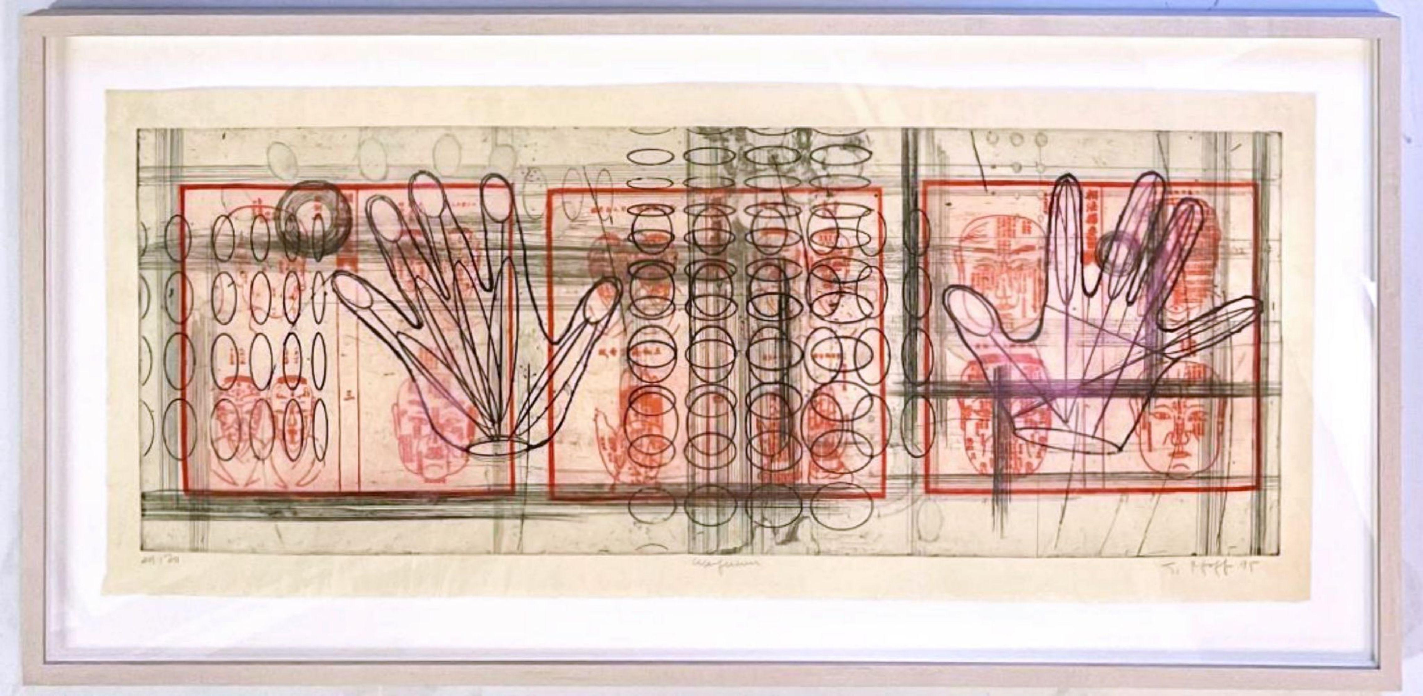 Abstract Print di Judy Pfaff - Wufu Wu, Le cinque benedizioni cinesi Acquaforte su carta giapponese Kozo Firmato Incorniciato