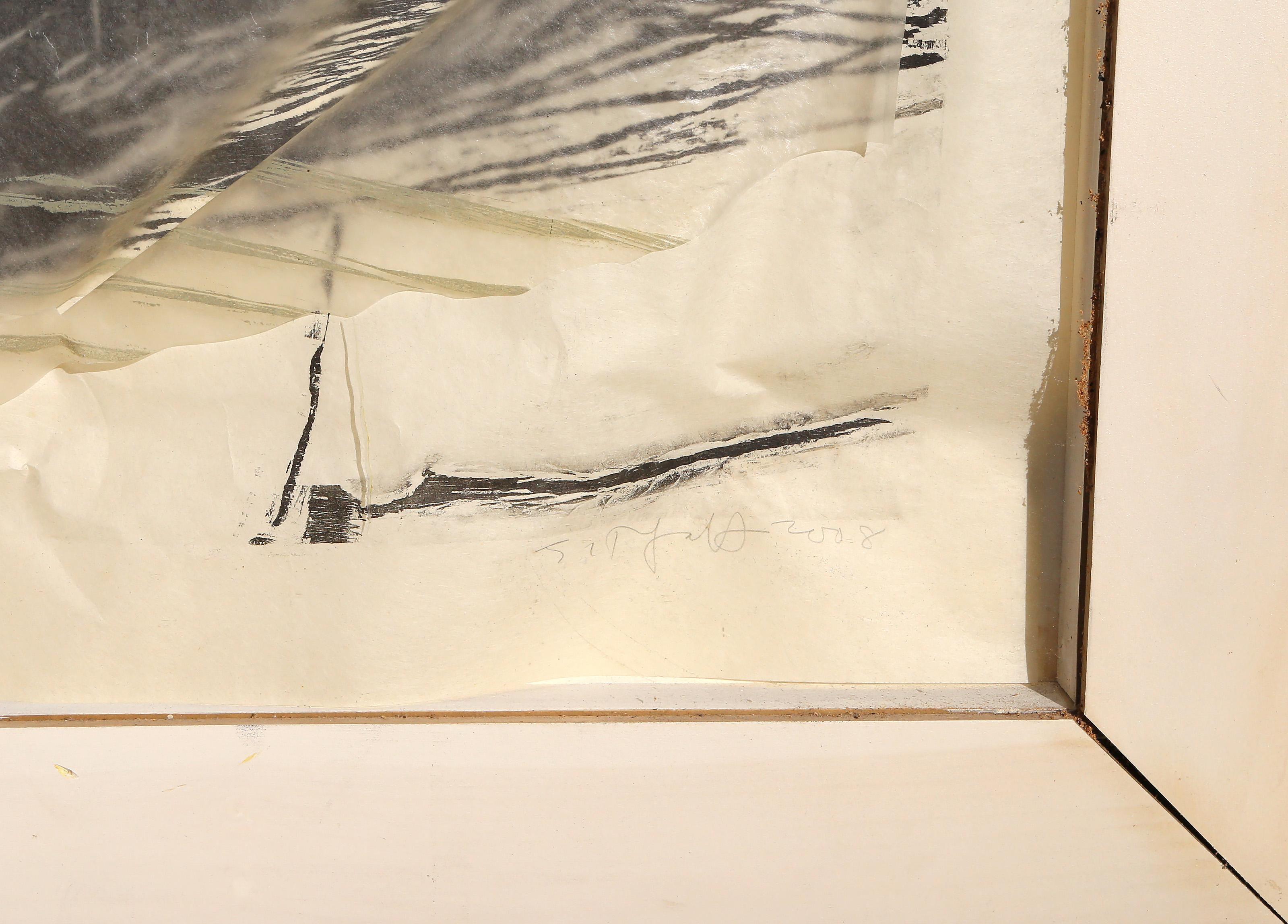 Anno del Cane #5, blocco di legno colorato a mano e collage espressionista astratto - Abstract Print Beige di Judy Pfaff