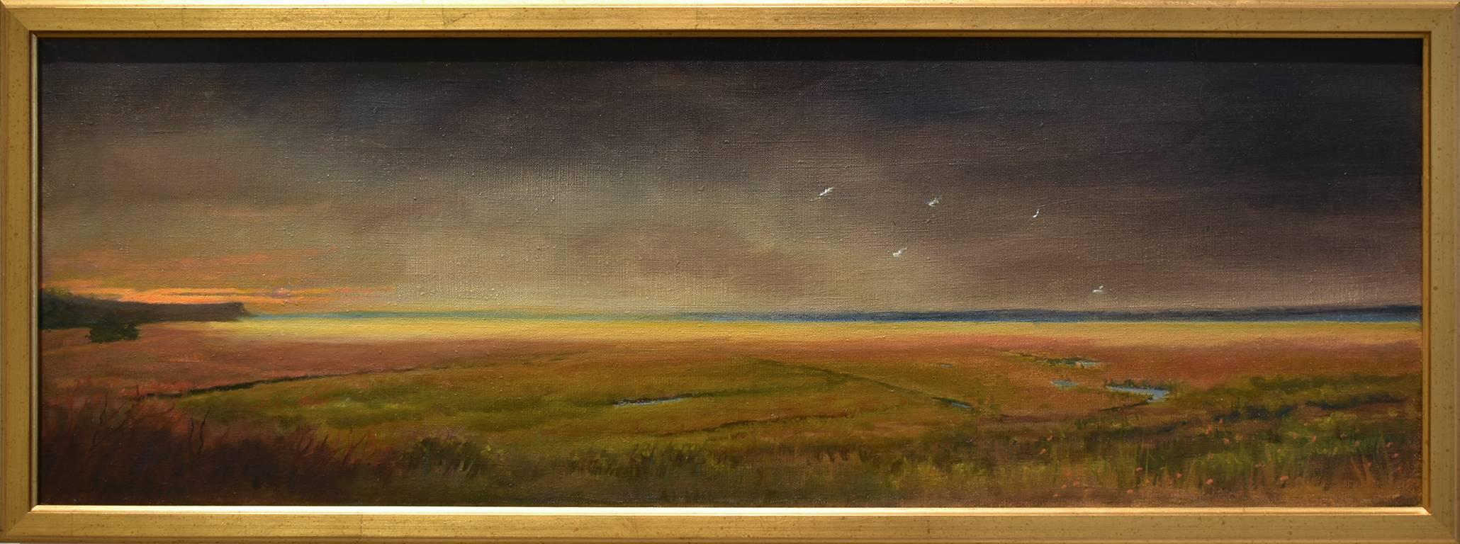 Approaching Storm (Small Landscape Oil Painting of Nova Scotia, Gold Frame)