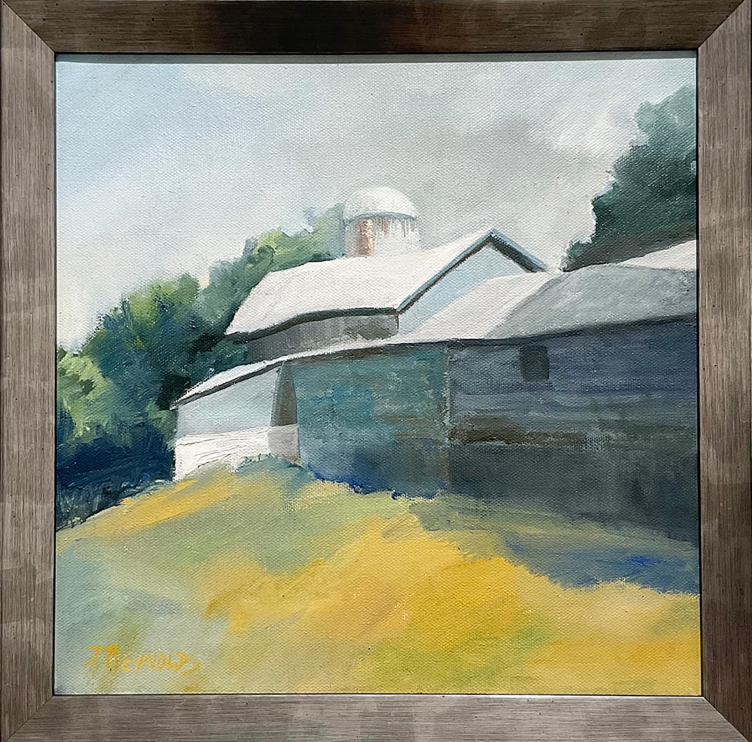 Blue Barn Summer (Contemporary Rural Landscape Painting, Oil on Canvas)
