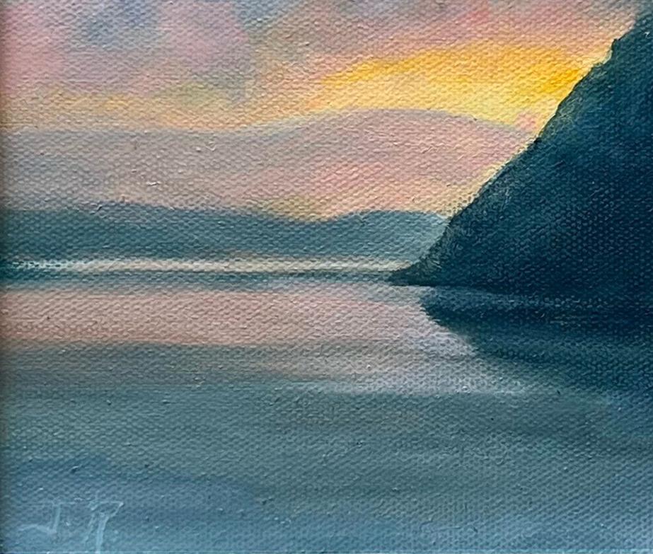 Hudson River Sunset (Landscape Painting, Mountains & River Sunset, Silver Frame) For Sale 1
