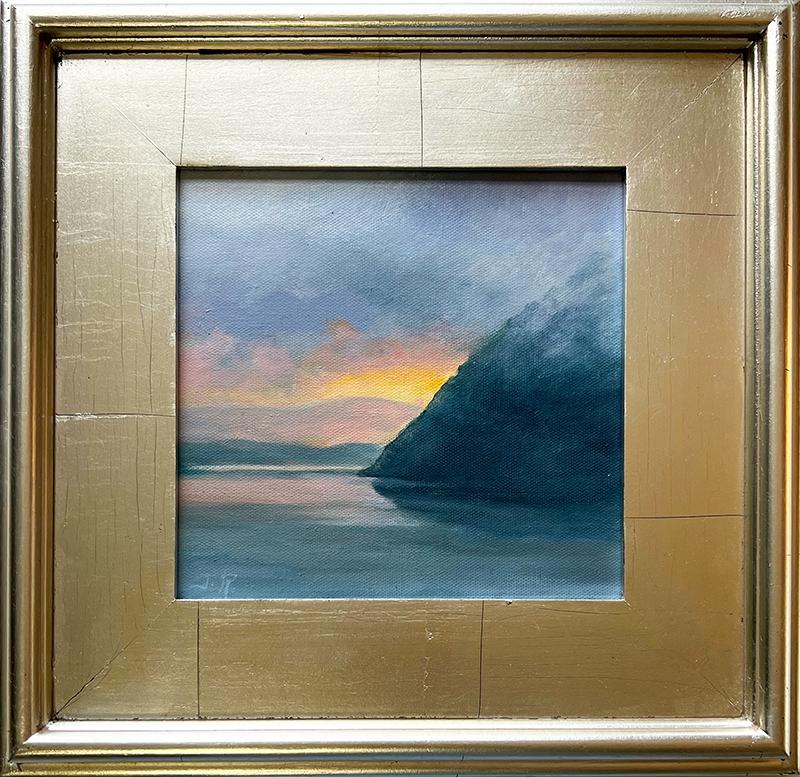 Hudson River Sunset (Landscape Painting, Mountains & River Sunset, Silver Frame) For Sale 2