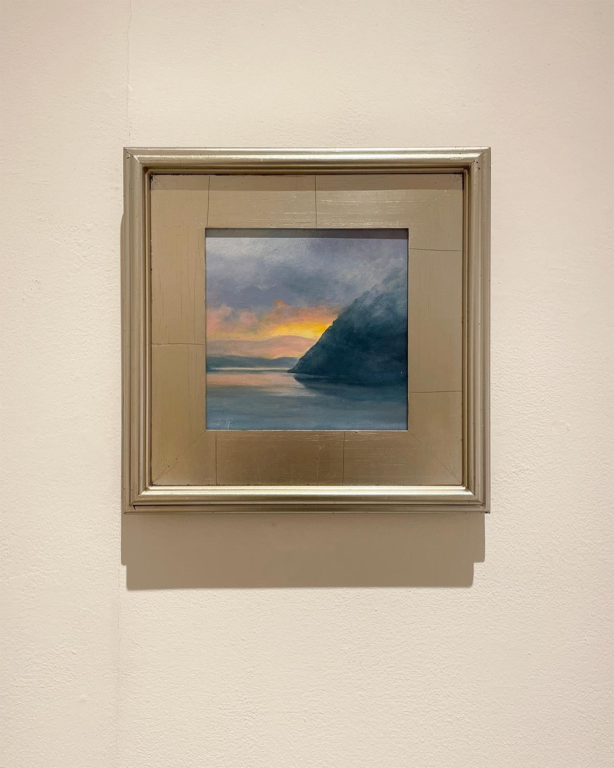 Hudson River Sunset (Landscape Painting, Mountains & River Sunset, Silver Frame) For Sale 3