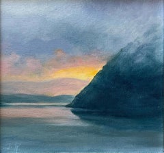 Hudson River Sunset (Landscape Painting, Mountains & River Sunset, Silver Frame)