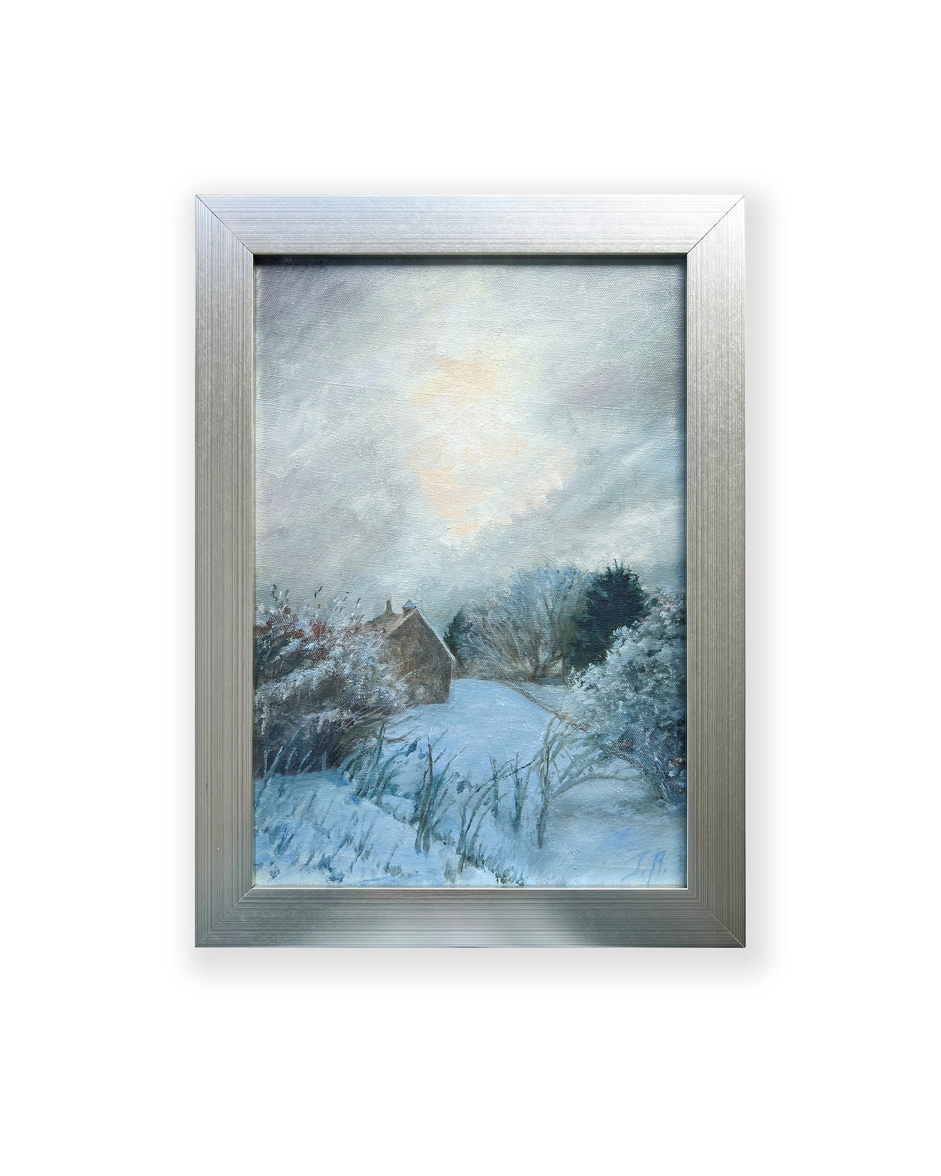 Judy Reynolds Figurative Painting - Maine Snowfall (Traditional Plein Air Landscape Painting, Winter Scene)