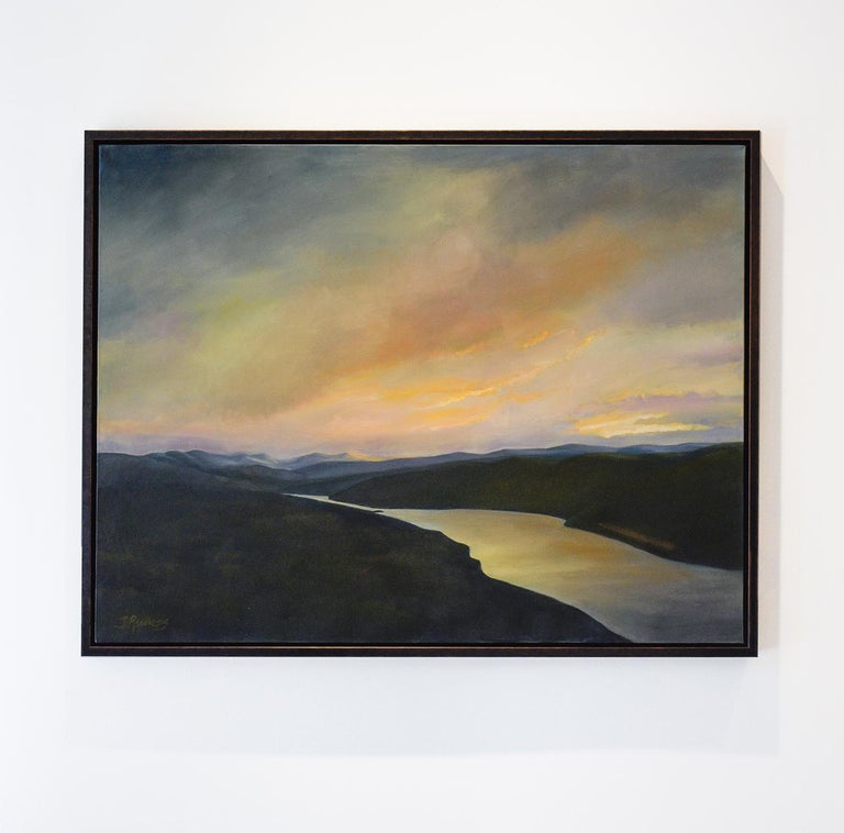 North Sky, Hudson River (Framed Landscape Painting on Canvas of a Winter Sunset) For Sale 1