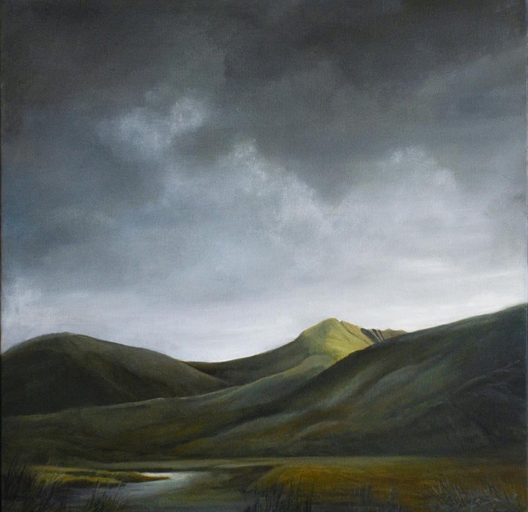 Judy Reynolds Landscape Painting - Scotland (Dramatic Landscape of Sunlit Hills Under a Clouded Sky)