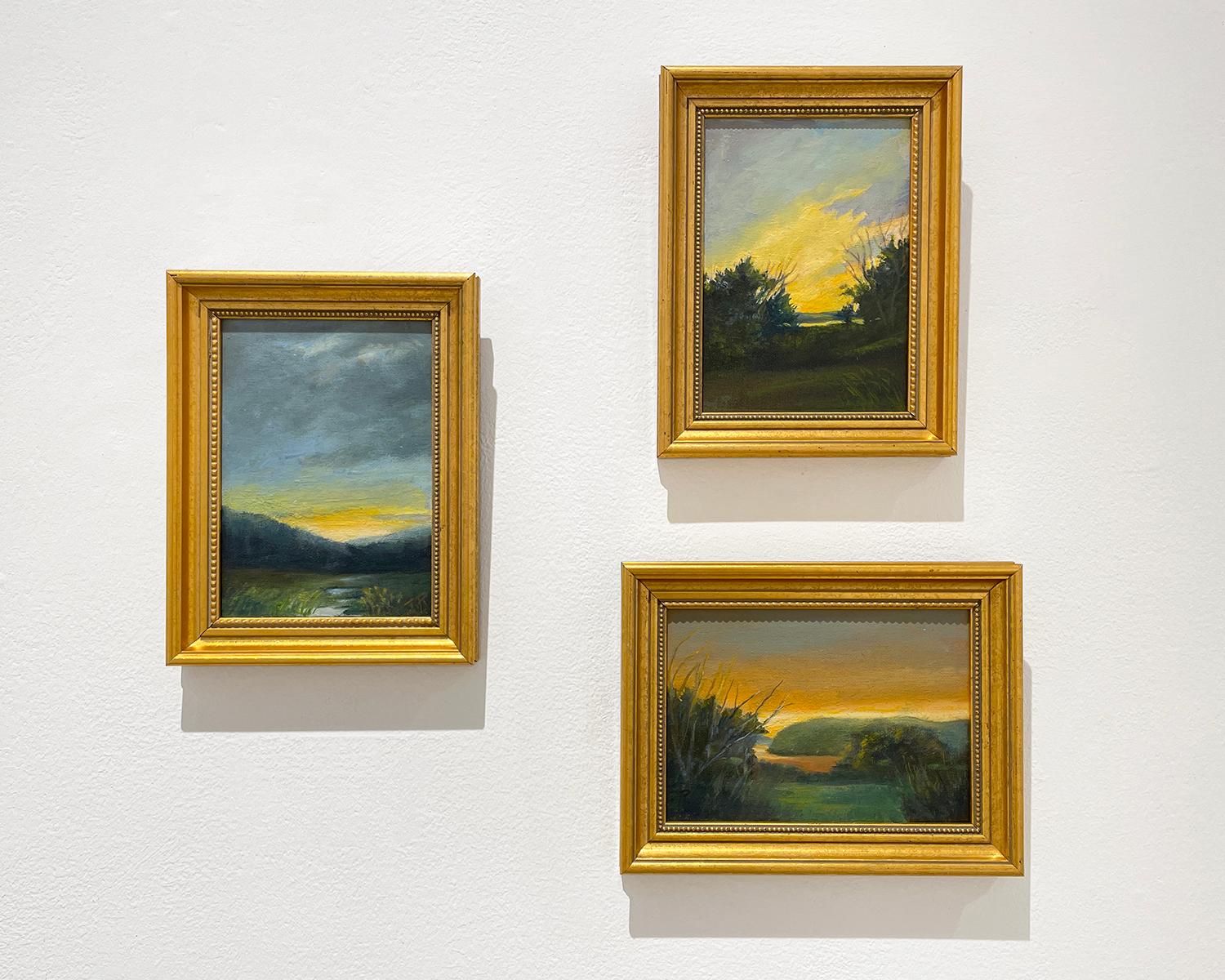 Soft Sky (Landscape Influenced by Hudson River School) by Judy Reynolds, 2023
5 x 7 inches, oil on canvas, gold frame, 6.5 x 8.5 inches framed
In a style reminiscent of the Hudson River School painters, Judy Reynolds realizes landscapes rife with