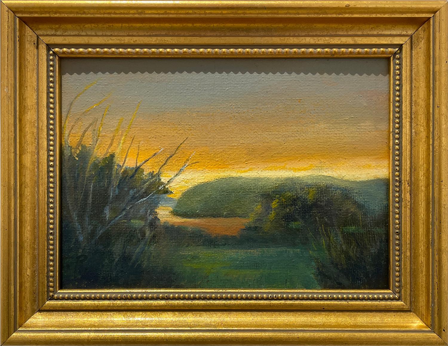 Judy Reynolds Landscape Painting - Soft Sky (Landscape of Sun Rising Over Marsh, Influenced by Hudson River School)