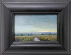 Storm Approaching (Small Plein Air Painting of Mountain and Fields, Black Frame)