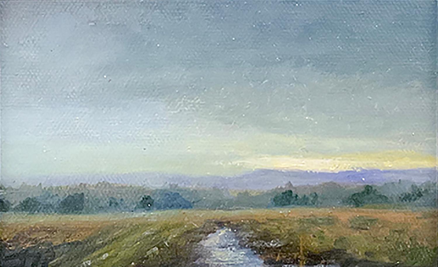 Storm Approaching (Small Plein Air Painting of Mountain and Fields, Black Frame)