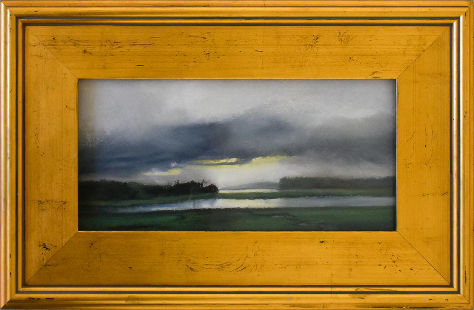 Storm Lifting (Plein Air Landscape Pastel on Paper of Maine, Gold Frame) - Hudson River School Art by Judy Reynolds
