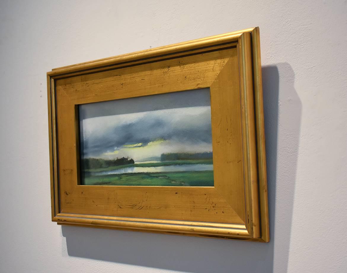 Storm Lifting (Small, Contemporary Landscape Drawing in Pastel on Paper of Maine, Gold Frame)
6 x 12 inches, 12 x 17 x 2 inches framed

This small, horizontal pastel drawing of a landscape in Maine was painted en plein air by Hudson Valley based