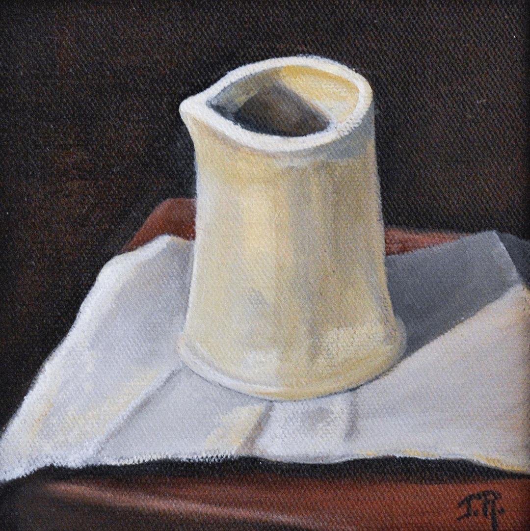 Study in White (Still Life of Ceramic White Pitcher on Maroon Tabletop, Framed) - Painting by Judy Reynolds