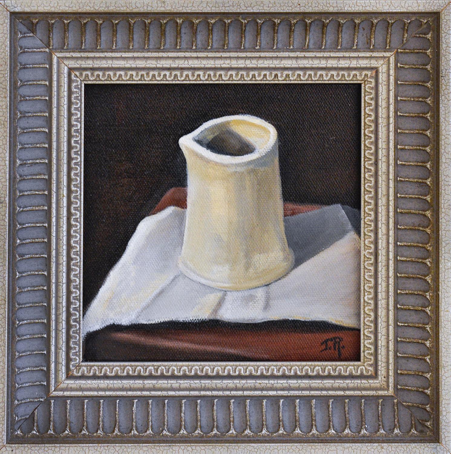 Judy Reynolds Still-Life Painting - Study in White (Still Life of Ceramic White Pitcher on Maroon Tabletop, Framed)