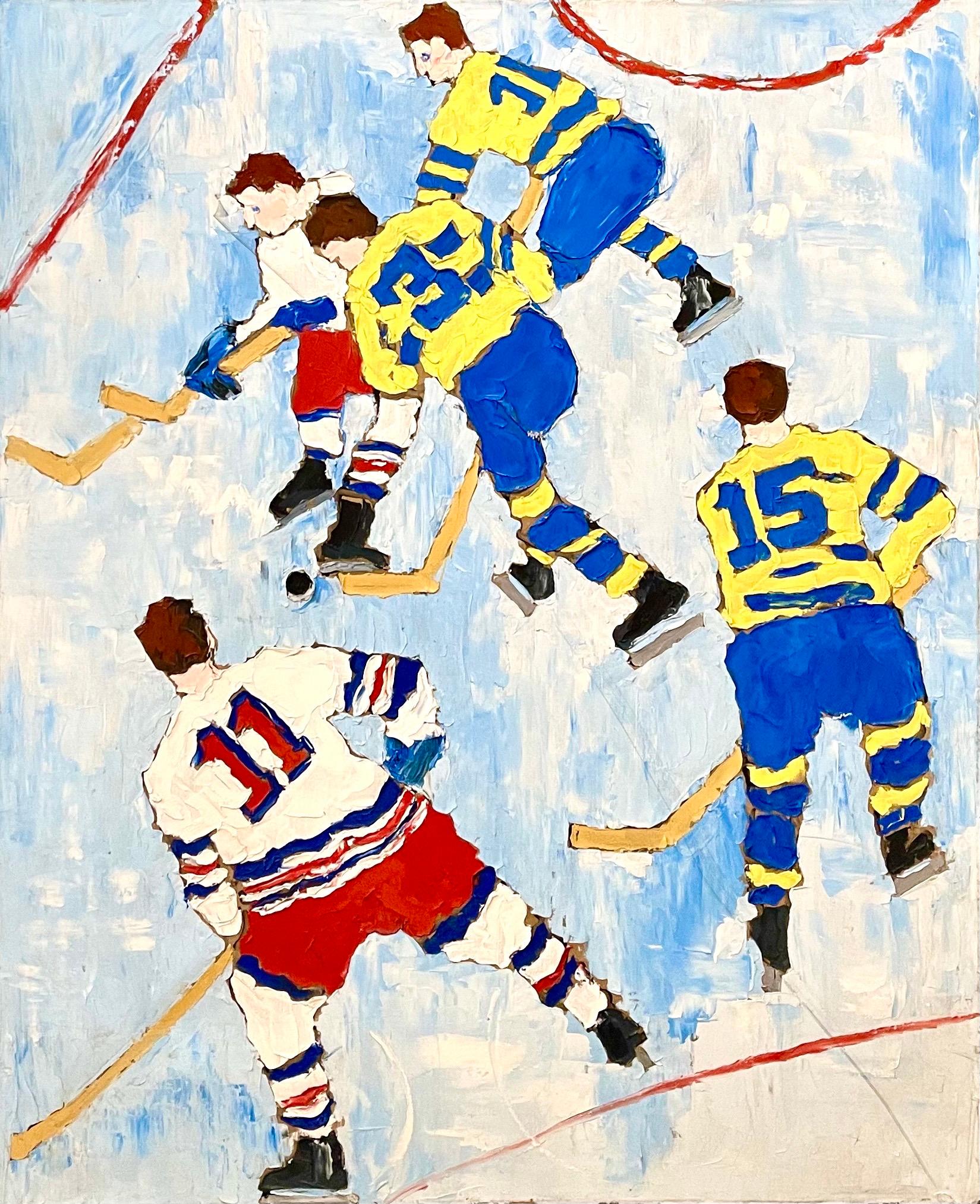Judy Rifka (Amerikanerin, geb. 1945) 
Gemälde in Öl auf Leinen
Titel: "Eishockey IV 1990" 
mit einer Darstellung von Eishockeyspielern vor dem Hintergrund einer Eislaufbahn. 
Verso handsigniert: "Rifka, 90" 
Provenienz: Galerie Brooke