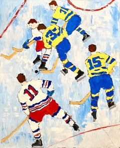 Vintage Judy Rifka, Abstract Expressionist Oil Painting Hockey Players. Brooke Alexander