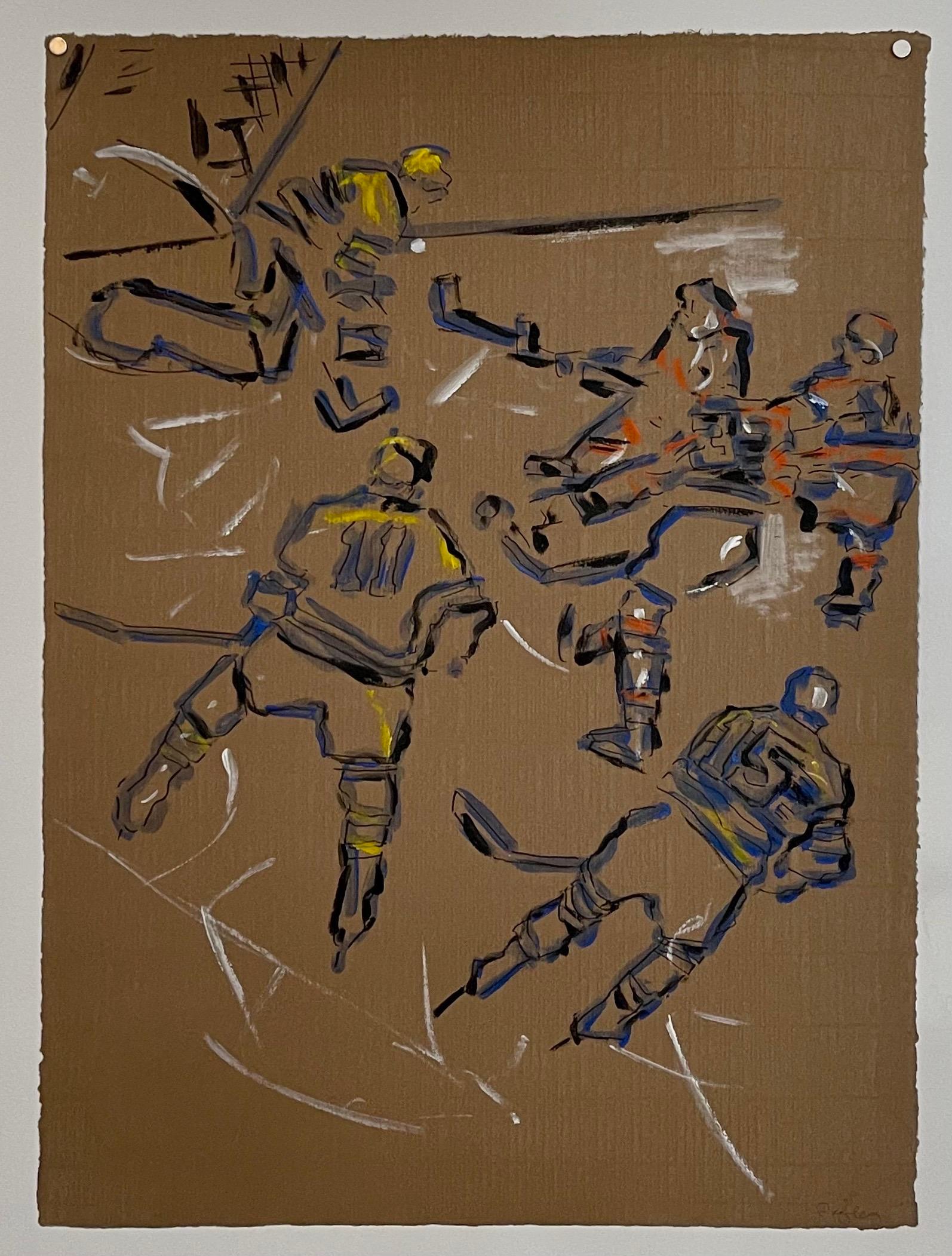 Judy Rifka, peinture à l'huile expressionniste abstraite sur papier - Joueurs de hockey en vente 1