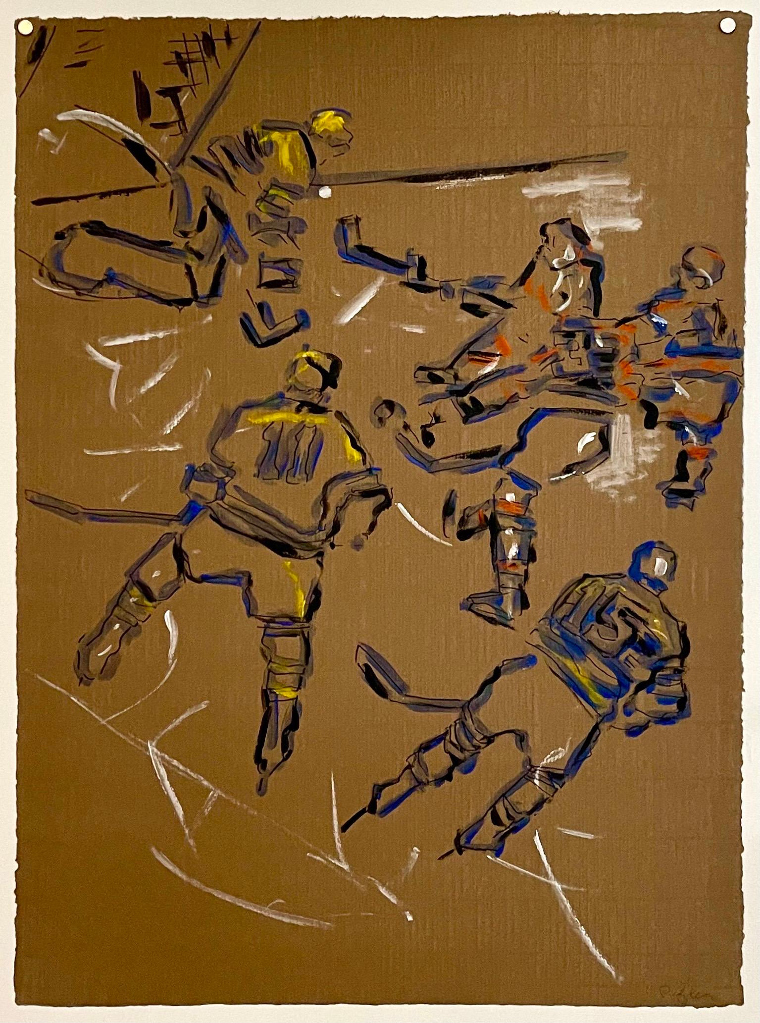 Judy Rifka, peinture à l'huile expressionniste abstraite sur papier - Joueurs de hockey en vente 2