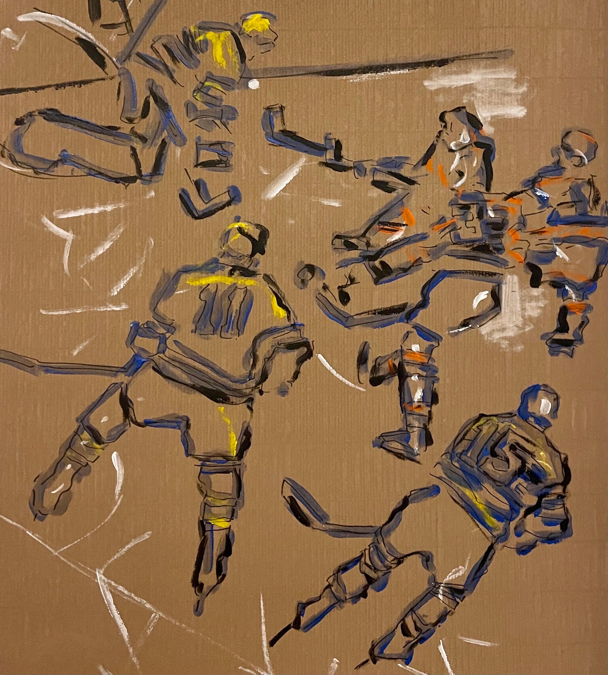 Judy Rifka, peinture à l'huile expressionniste abstraite sur papier - Joueurs de hockey en vente 3