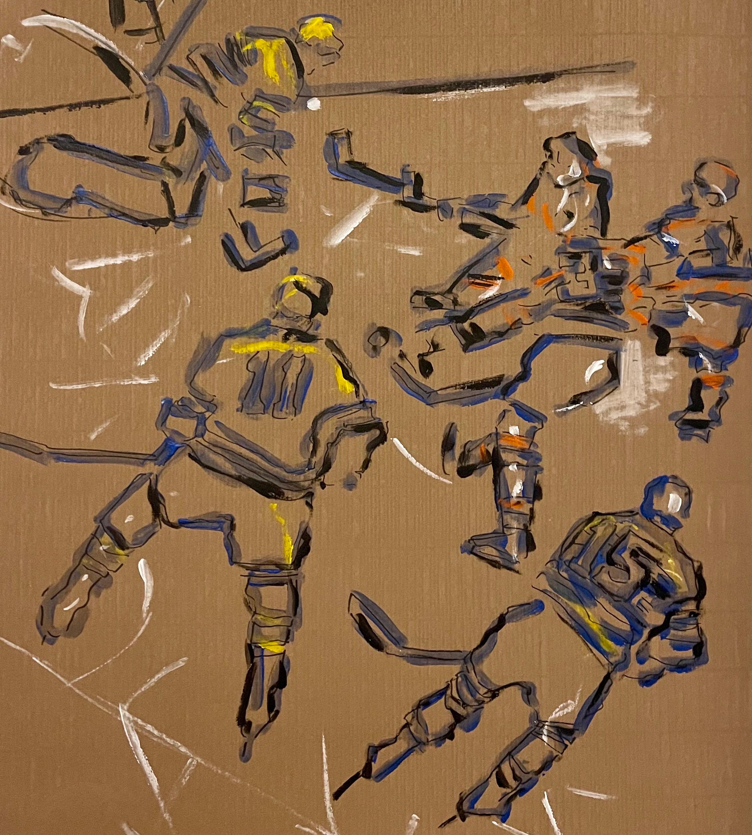 Judy Rifka, Pintura al óleo expresionista abstracta sobre papel Jugadores de hockey en venta 3