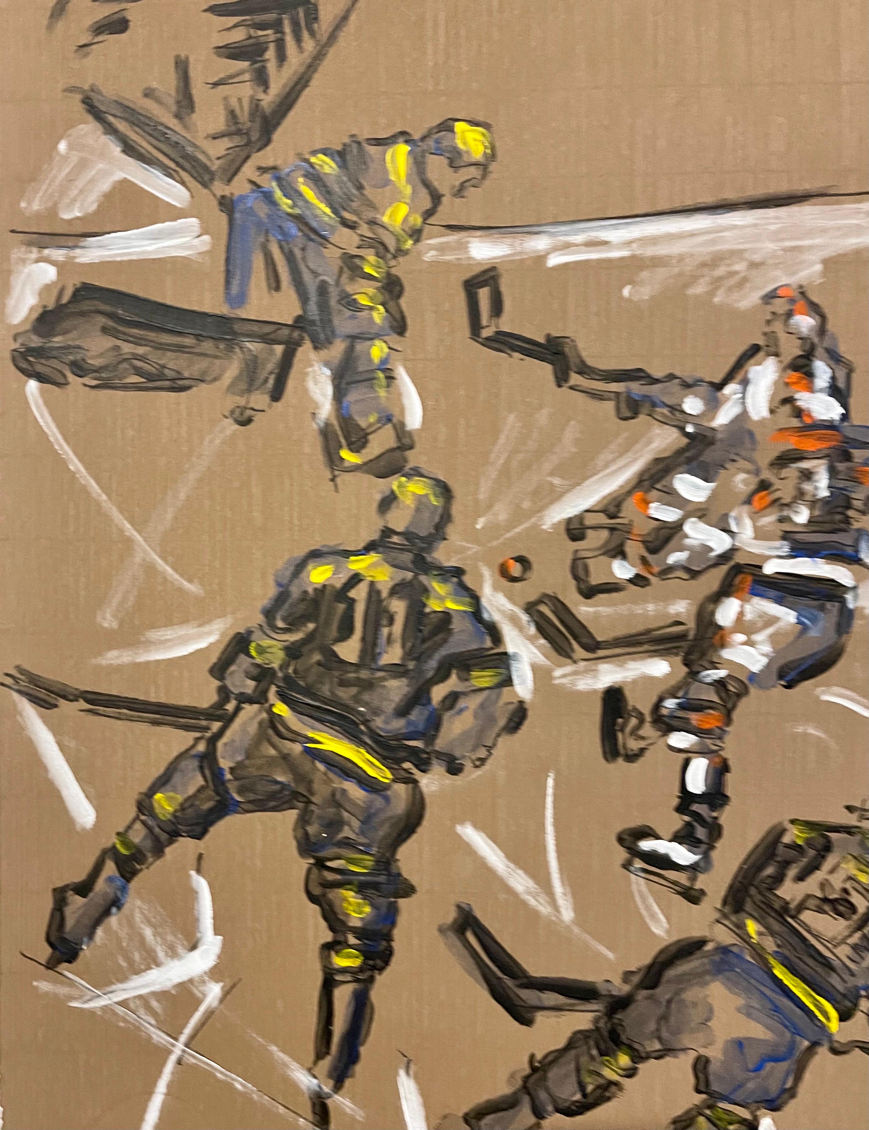 Judy Rifka, Abstract Expressionist Oil Painting on Paper Hockey Players For Sale 2