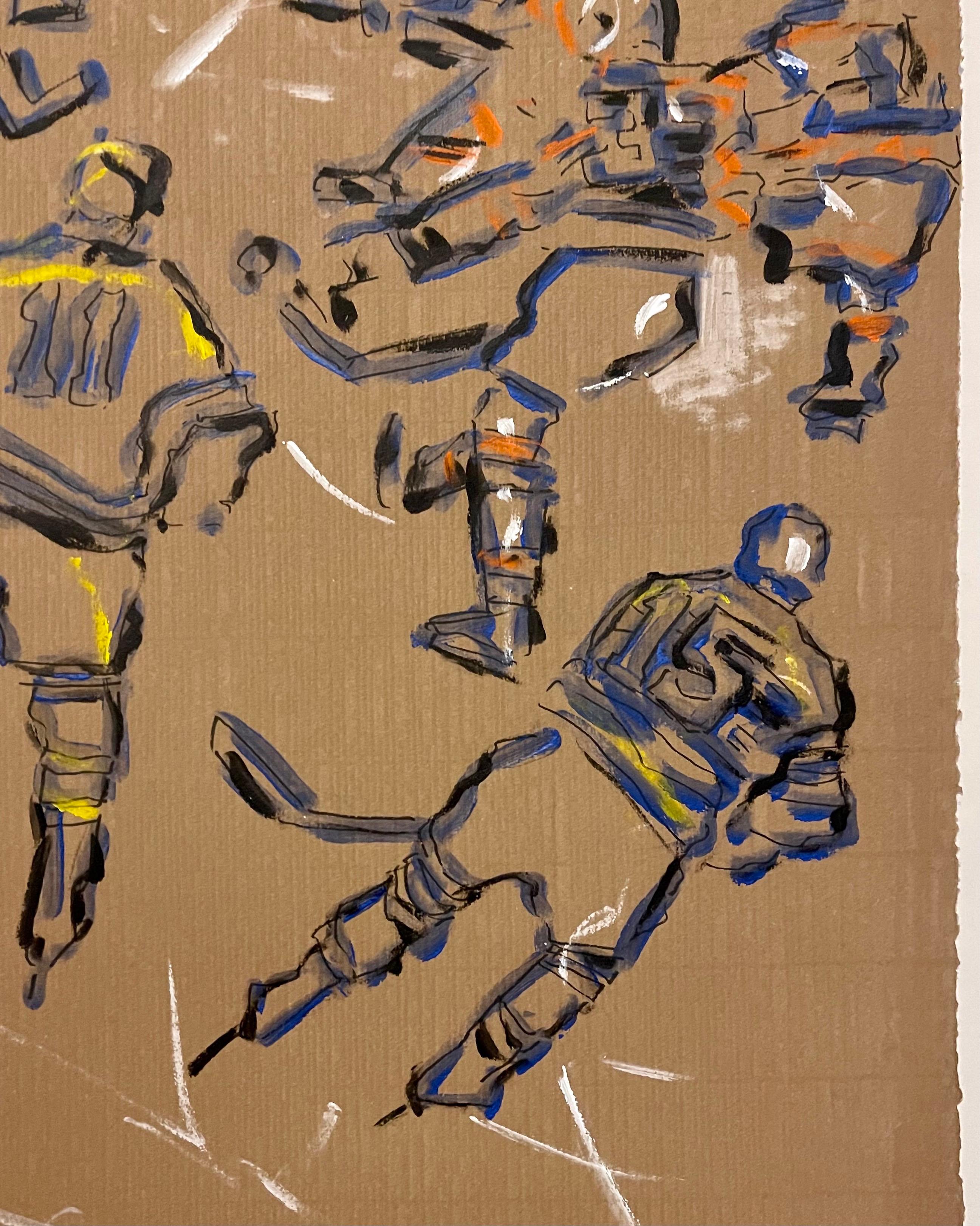 Judy Rifka, peinture à l'huile expressionniste abstraite sur papier - Joueurs de hockey en vente 6