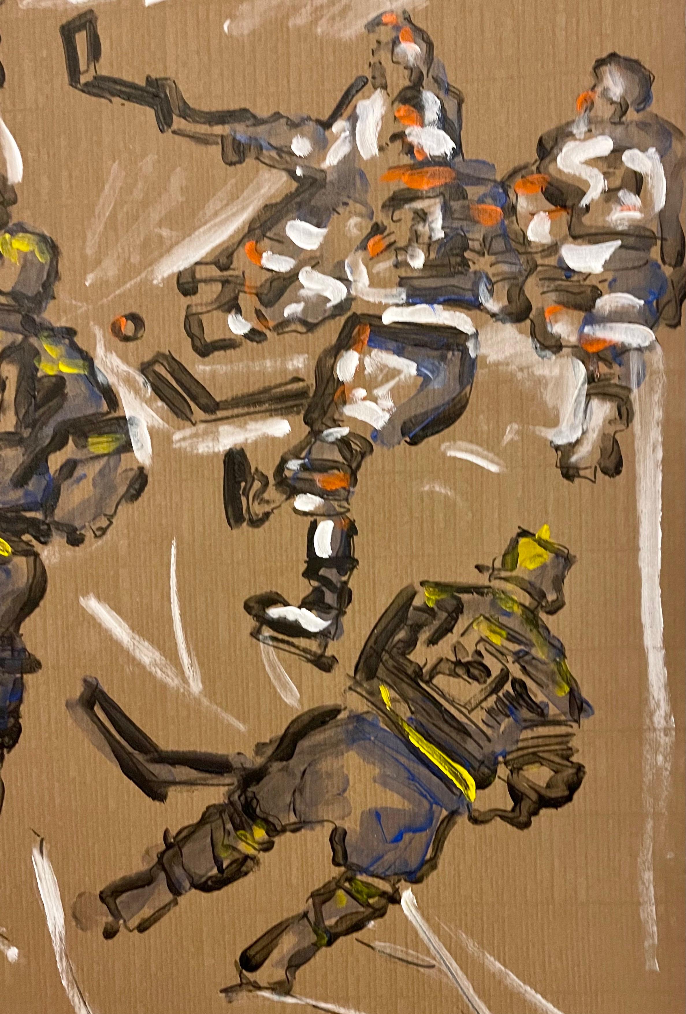 Judy Rifka, Pintura al óleo expresionista abstracta sobre papel Jugadores de hockey en venta 6