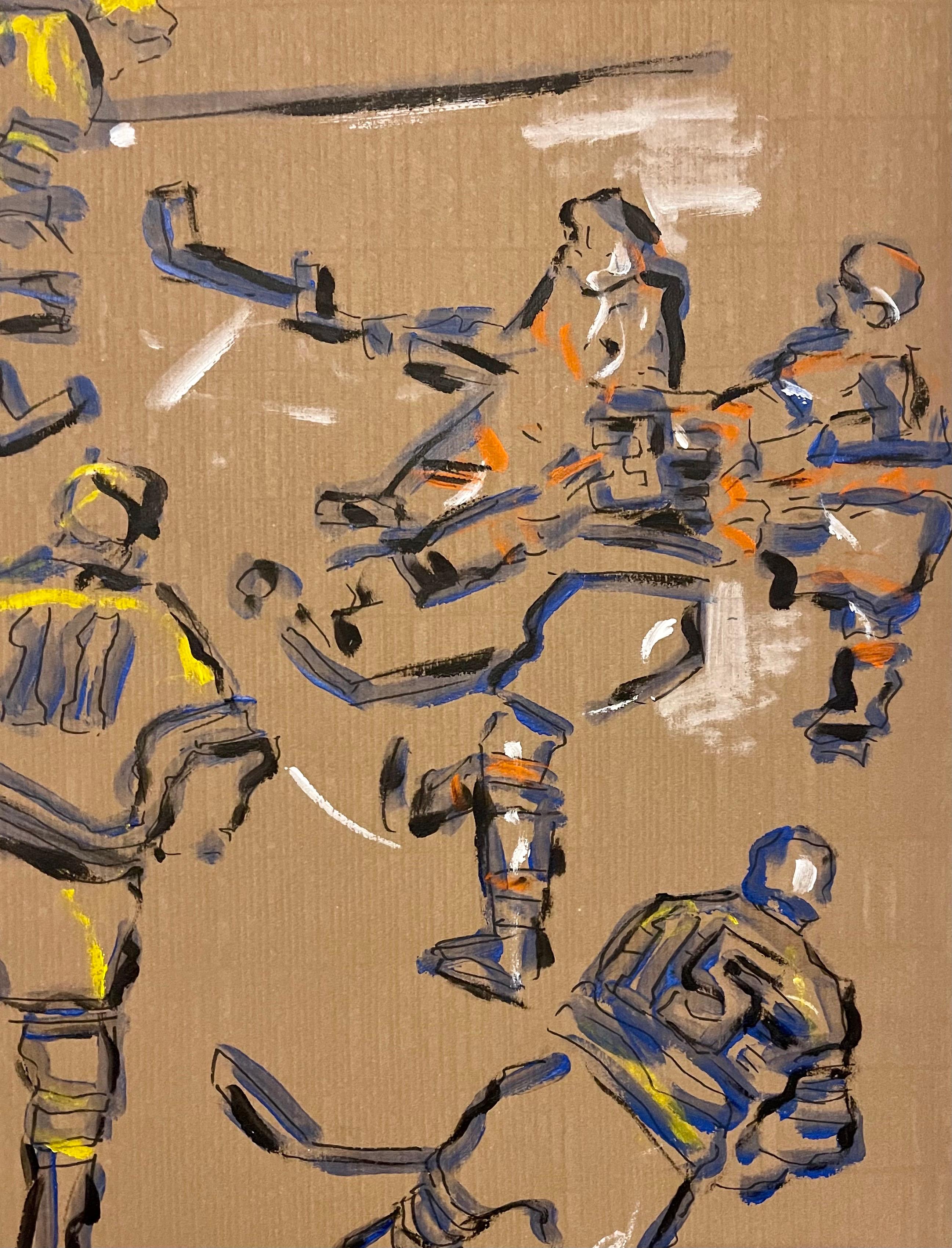 Judy Rifka, peinture à l'huile expressionniste abstraite sur papier - Joueurs de hockey en vente 7