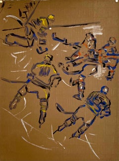 Judy Rifka, Abstract Expressionist Oil Painting on Paper Hockey Players