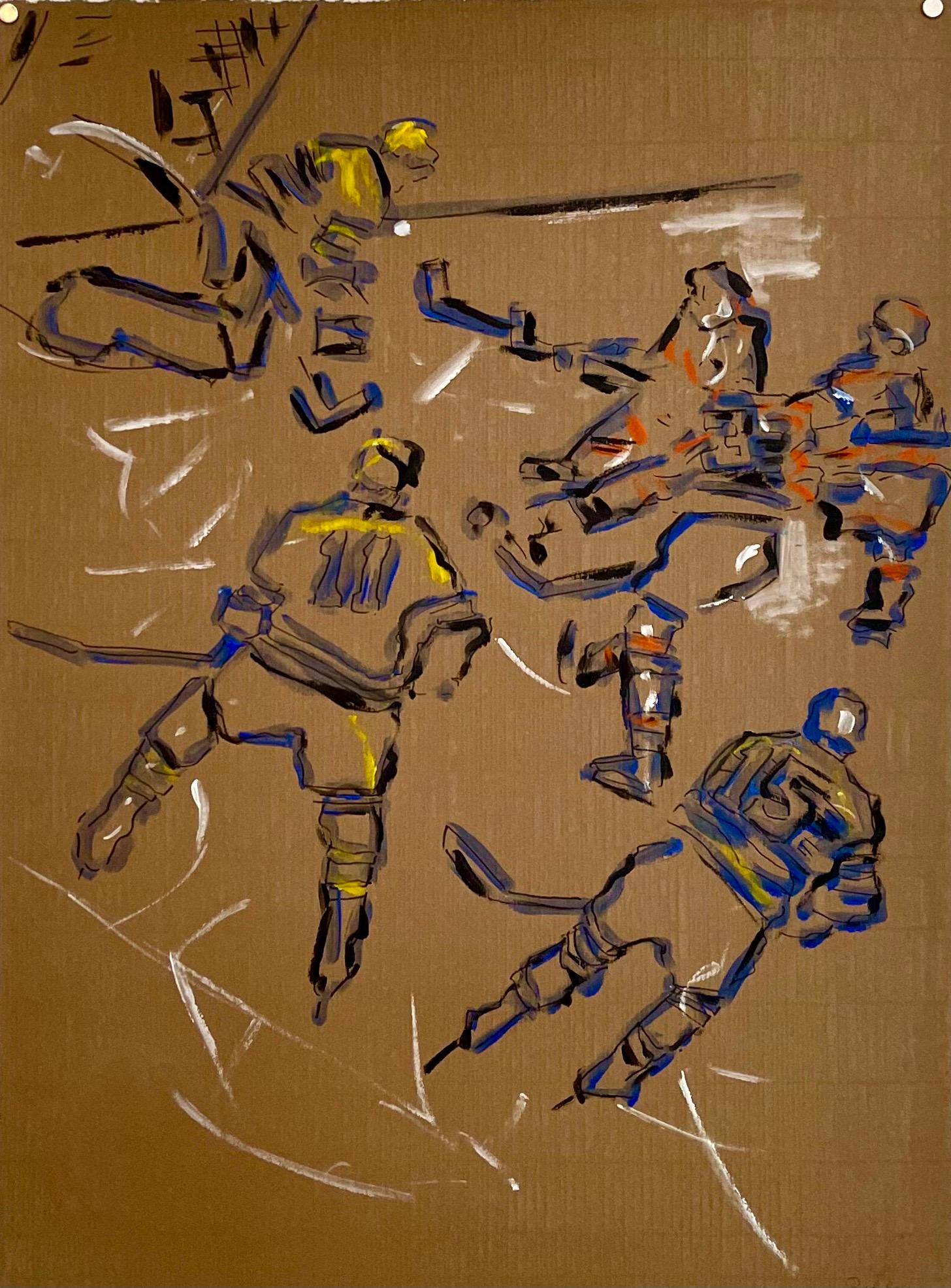 Judy Rifka (estadounidense, n. 1945) "Hockey sobre hielo" 
Cuadros de pintura acrílica o al óleo sobre papel Fabriano en los que aparecen varios jugadores de hockey ejecutados en tonos amarillos, blancos, morados y negros. 
Firmado a mano "Judy