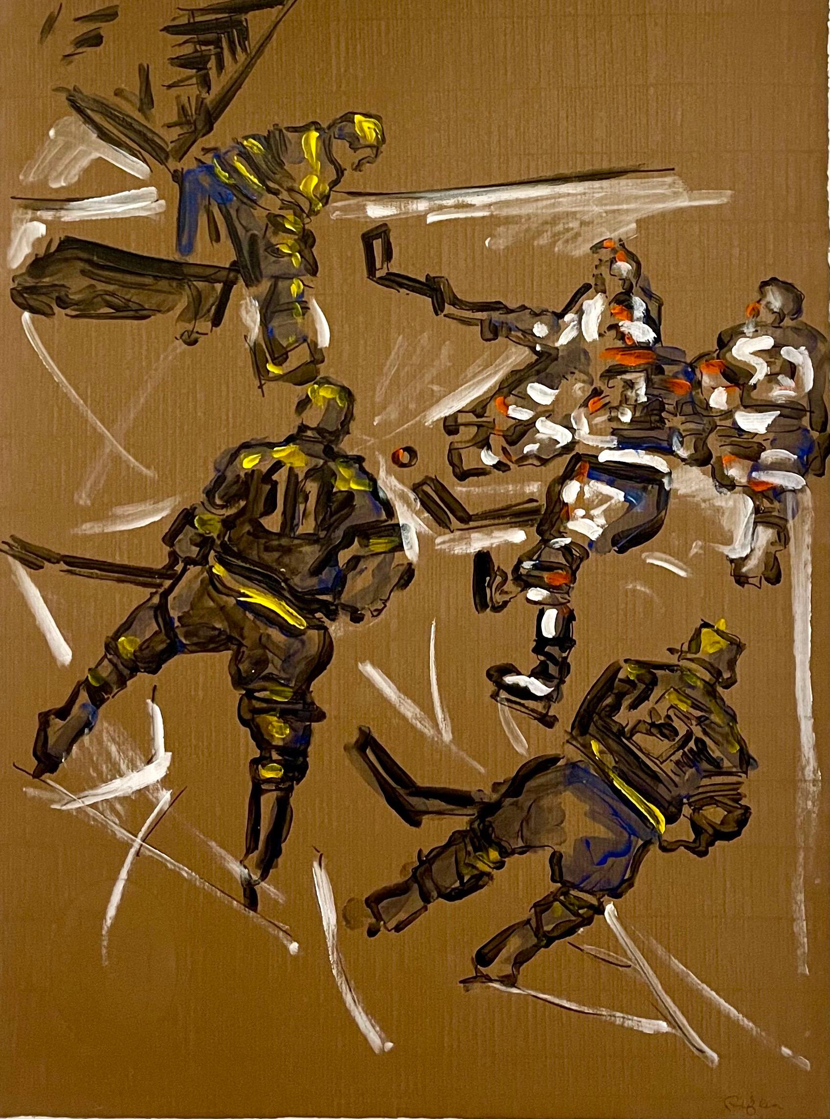 Judy Rifka (estadounidense, n. 1945) "Hockey sobre hielo" 
Cuadros de pintura acrílica o al óleo sobre papel Fabriano en los que aparecen varios jugadores de hockey ejecutados en tonos amarillos, blancos, morados y negros. 
Firmado a mano "Judy