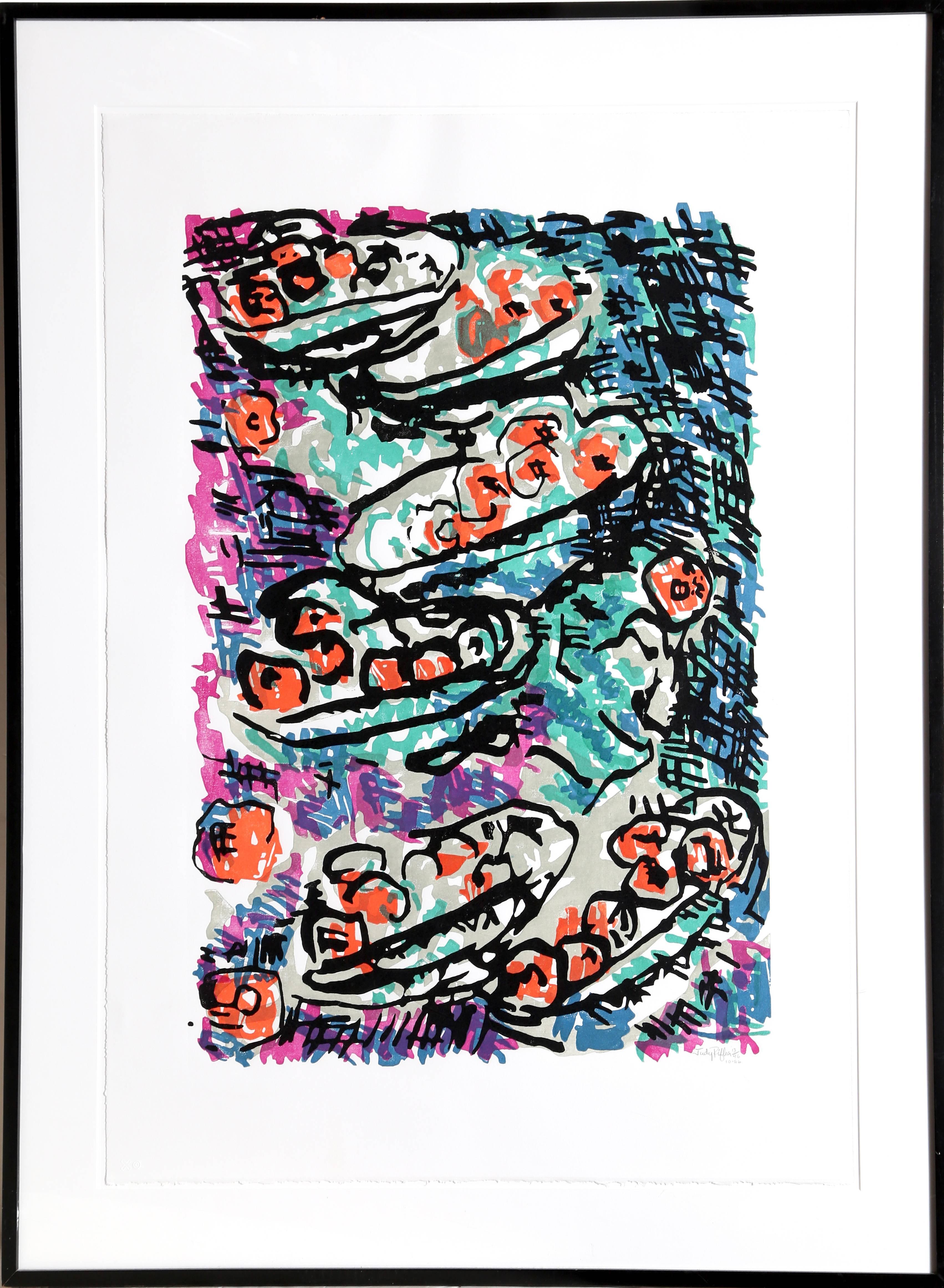 Künstlerin: Judy Rifka, Amerikanerin (1945 - )
Titel: Stilleben
Jahr: 1986
Medium: Holzschnitt, mit Bleistift signiert und nummeriert
Auflage: 13/46
Bild: 29 x 21 Zoll
Größe: 37  x 28 in. (93.98  x 71,12 cm)
Rahmen: 44 x 35 Zoll