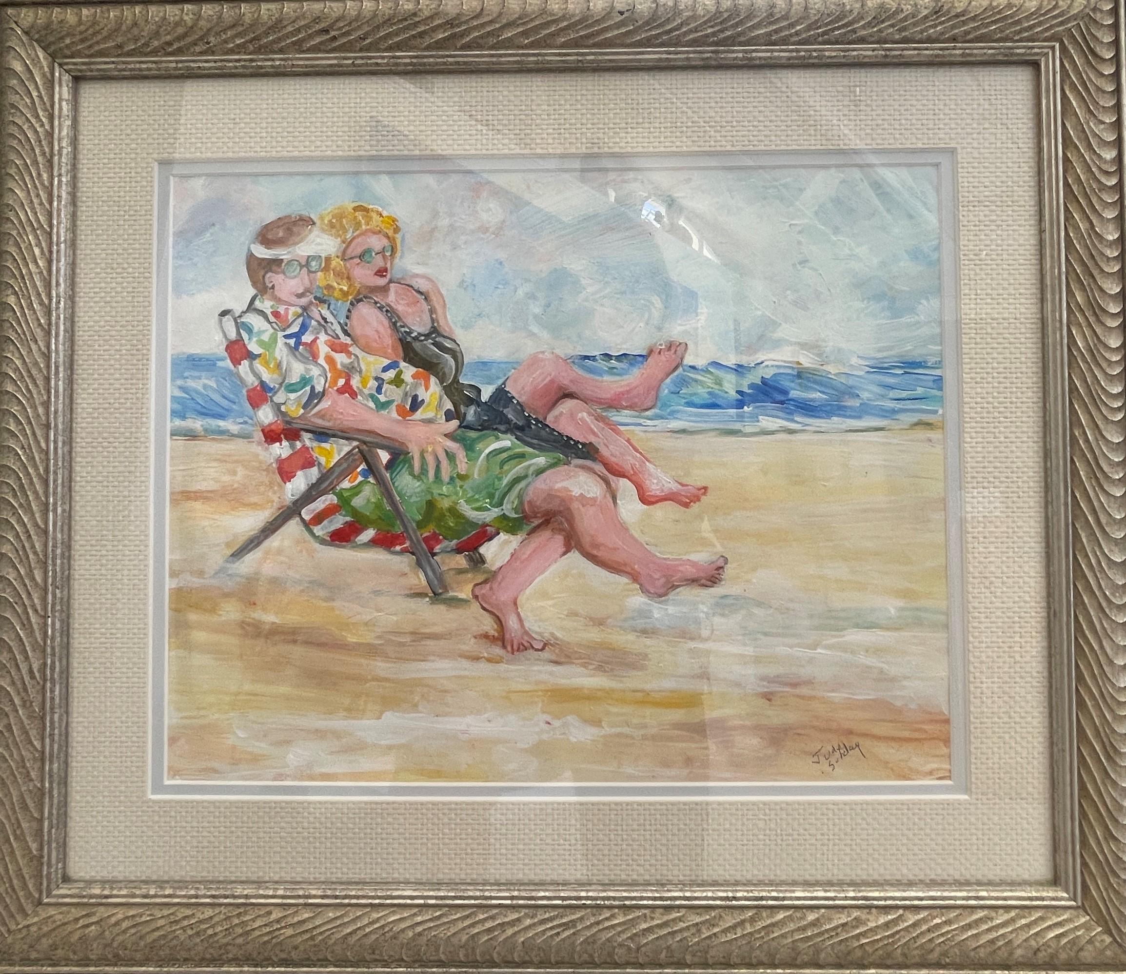 Beach Bums 17 x 20 mixed media on paper framed -- Make an Offer! - Mixed Media Art by Judy Sunday
